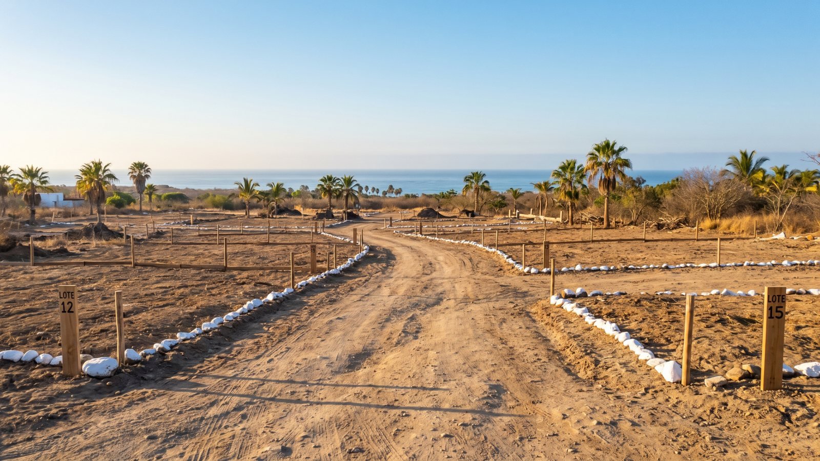 Lotes recién trazados y marcados con estacas y mojoneras sobre terreno despalmado, con el mar al fondo entre palmeras