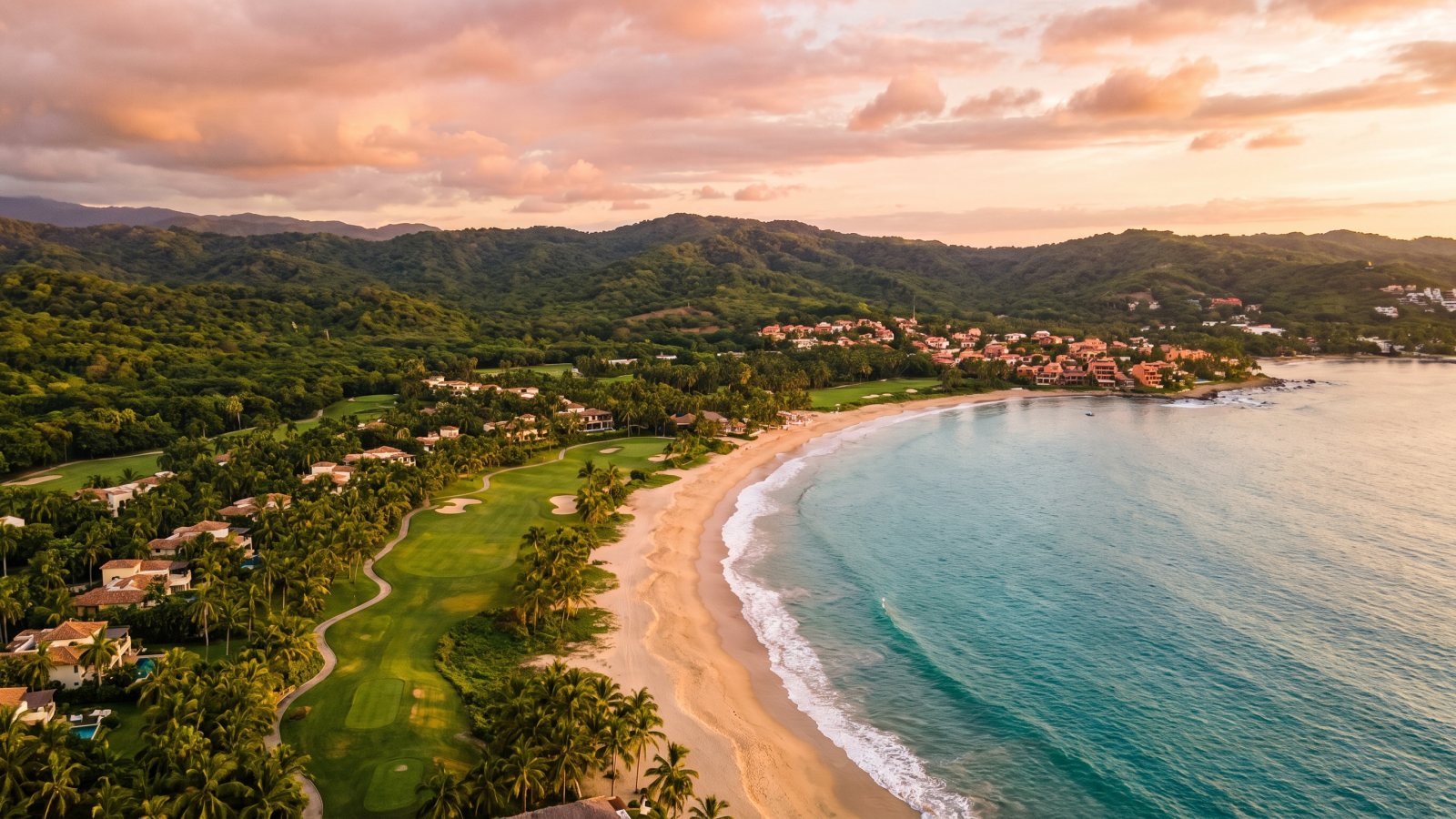Vista aérea al atardecer del litoral de la Riviera Nayarit con playa, campo de golf y desarrollos de baja densidad entre palmares
